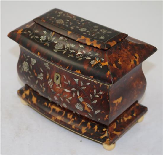 An early Victorian mother of pearl inlaid tortoiseshell tea caddy, 6.75in.